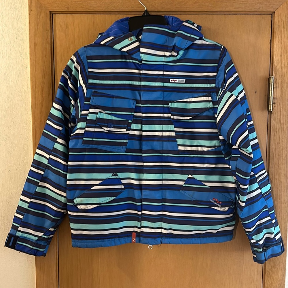 Foursquare Snowboard Outerwear Men’s Striped Winter Jacket Blue Size Small